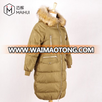 Zipper Pockets Quilted Jackets Long Down Parka Women Fur Hood Coats